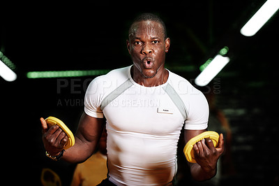 Buy stock photo Workout, man and weight plate in gym for intense exercise, functional strength and personal trainer. Employee, black person and portrait with sweating for challenge, power training at night fitness