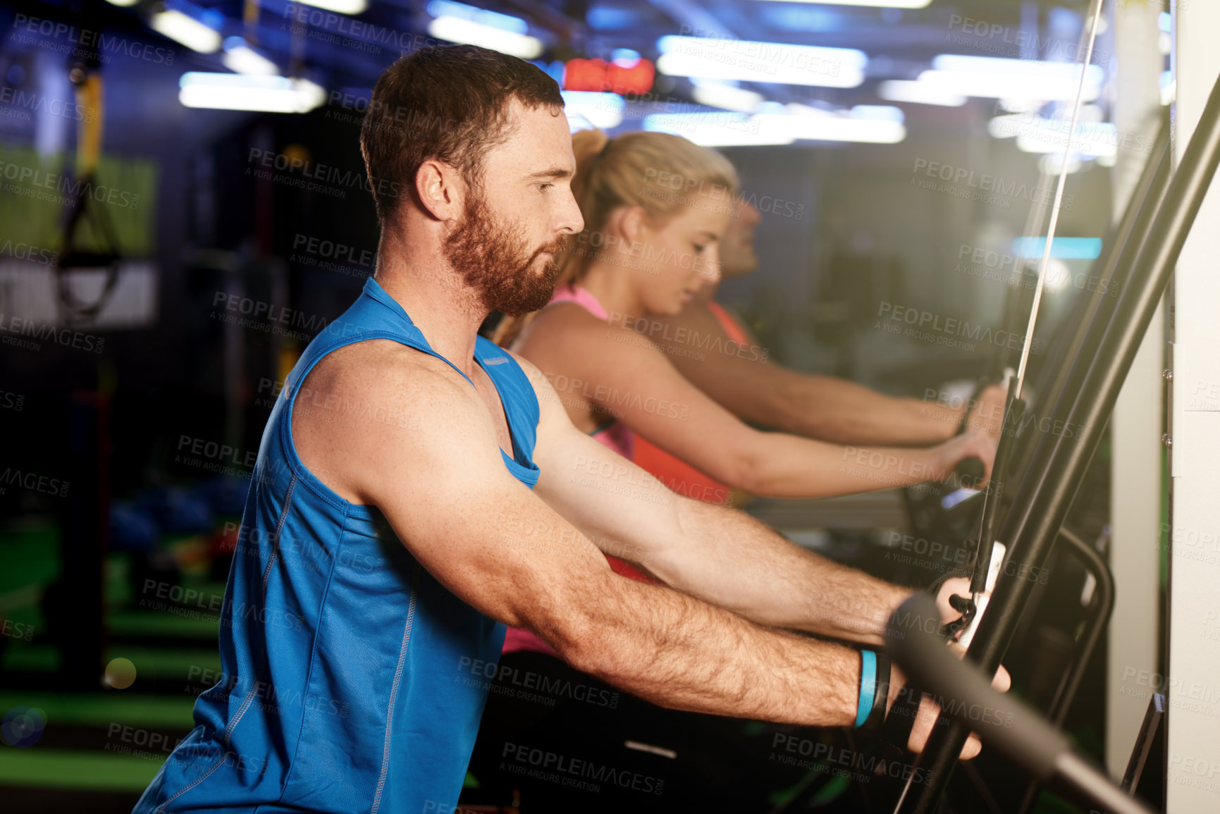 Buy stock photo Cardio, walk and man on treadmill in gym class for training exercise, body wellness and health. Athlete, active and male person on machine equipment for fitness challenge, daily steps and workout