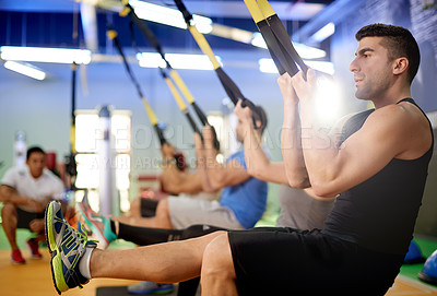 Buy stock photo Resistance band, fitness and people in class for exercise, cardio workout and training in studio. Sports equipment, health club and men with personal trainer for wellness, strength and muscles in gym