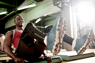 Buy stock photo Fitness, abdominal workout and man in gym, healthy or training for core muscles, active or wellness. Bodybuilding, athlete and person with routine for strength, leg raise and performance in center