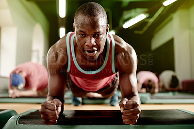 Buy stock photo Man, plank and workout on floor at gym with training in class, challenge and muscle development. Personal trainer, core exercise and balance with people for abdomen, fitness and bodybuilder at club