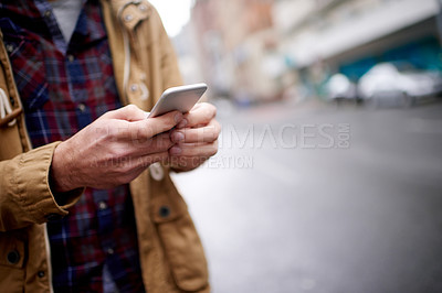 Buy stock photo Hands, travel and man in city, smartphone and message to contact, connection and social media. Closeup, outdoor and person in street, cellphone or digital app for email, communication or website info