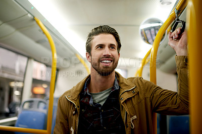 Buy stock photo Thinking, smile and man in bus for journey, travel and vision on morning commute for trip. Happy passenger, thoughts and public transport service for holiday, vacation and reflection for tourism