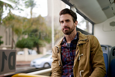 Buy stock photo Bus, travel and man with morning commute, city service and relax with urban journey. Person, passenger and traveller with road trip, public transportation and ride destination with transit vehicle