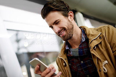 Buy stock photo Travel, ride share app and man with smile, smartphone and texting with mobile user, social media and public transportation. Person, passenger or cellphone for email, morning commute or destination