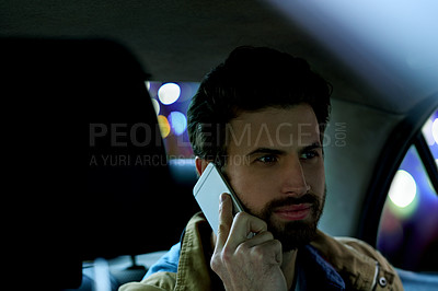 Buy stock photo Car, phone call and man in city at night for commute, journey and travel to destination. Transport, ride service and person on smartphone for online conversation, chat and talking for communication