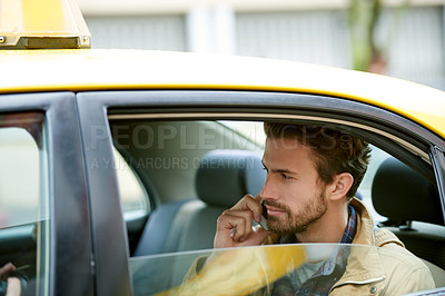 Buy stock photo Business man, taxi and phone call by window with discussion, commute and travel on trip in city. Person, smartphone and drive with contact, listening and transportation with car on urban street