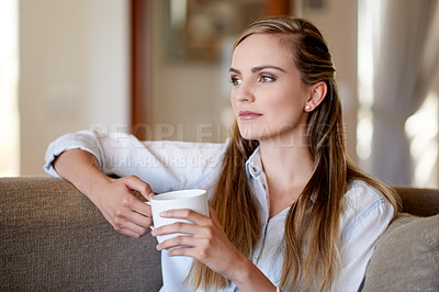 Buy stock photo Thinking, coffee and portrait of woman on sofa for calm, peaceful and break in morning at home. Memory, cappuccino and female person drinking warm beverage with nostalgia in living room at apartment.