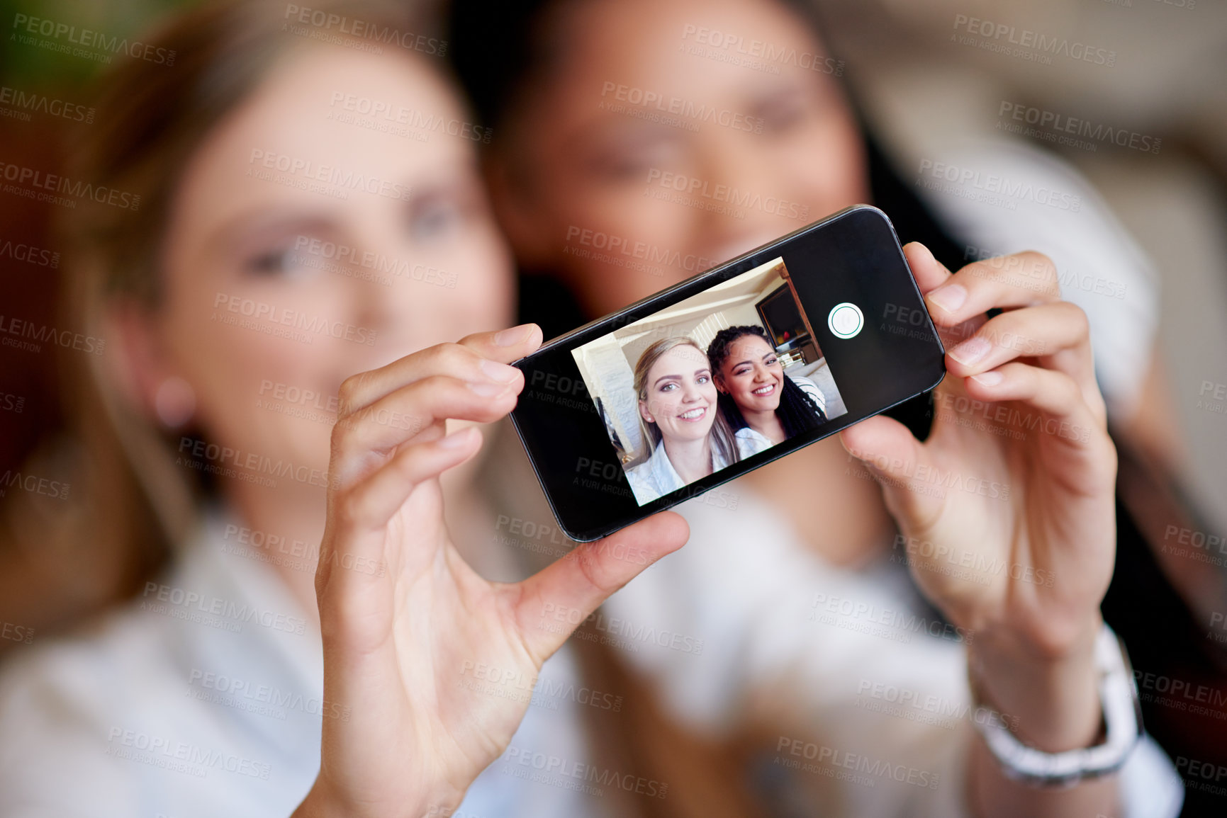 Buy stock photo Happy women, portrait or hands with phone camera for selfie picture or photography together in home. Female people, friends or capture moment with smile for bonding memory or social media in house