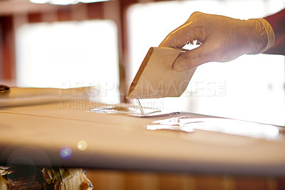 Buy stock photo Resin, gloves and hands with surfboard, fiberglass and creativity for skills, talent and hobby. Man, artist and entrepreneur with workshop for design, manufacturing or custom work for artisan craft