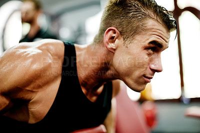 Buy stock photo Fitness, training and man in gym with commitment, strength and wellness in body transformation. Exercise, health and athlete in studio with equipment, workout and resilience for sports goal.