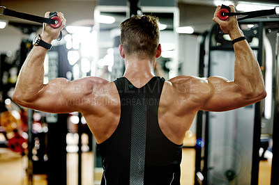 Buy stock photo Machine, back and man training with cable curl for bicep exercise, strength workout or muscle in gym. Equipment, weightlifting and strong bodybuilder with fitness challenge, power or sweat for health
