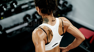 Buy stock photo Fitness, gym and woman with back workout, training and exercise recovery with sweat on break. Rest, sport or bodybuilder in club for weightlifting, wellness or muscle development challenge for health