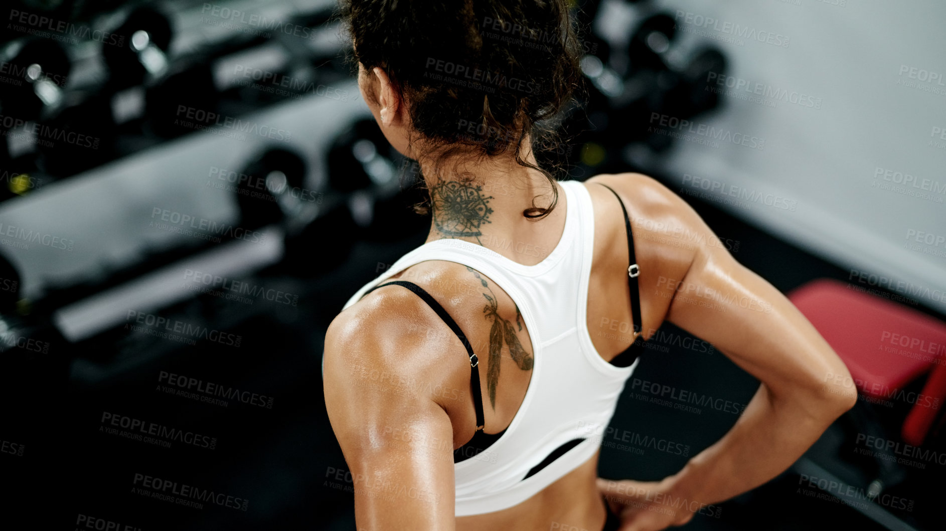Buy stock photo Fitness, gym and woman with back workout, training and exercise recovery with sweat on break. Rest, sport or bodybuilder in club for weightlifting, wellness or muscle development challenge for health