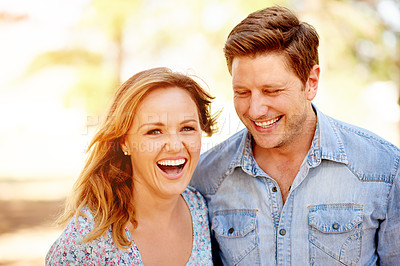 Buy stock photo Love, happy and couple in park with sunlight, commitment and connection in peaceful nature. Smile, man and woman in forest with portrait, outdoor laughter and trust for relationship bonding support.