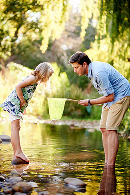 Buy stock photo Father, child and fishing with net in lake for holiday adventure, learning skills and bonding. Family activity, man and curious girl with fish in river for weekend hobby, childhood memory or teaching