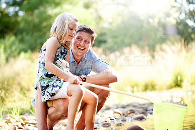 Buy stock photo Nature, smile and child with father, net and lake for adventure, holiday and curiosity. Forest, hobby and girl with dad for conservation, vacation and rocks in woods for travel learning or explore