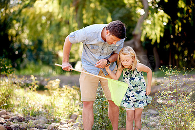 Buy stock photo Nature, travel and child with father with net for adventure, holiday and curiosity. Forest, entomology and girl with dad, pond and conservation or vacation and rocks in woods with learning or explore
