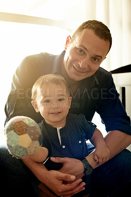 Buy stock photo Portrait, dad and toddler in home with playing, bonding and relationship growth for love. Happy, care and man with boy kid in nursery for fun together, security and safety with smile in family house