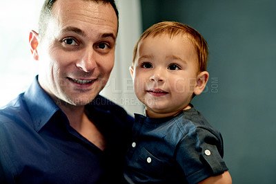 Buy stock photo Love, smile and father with baby in home for bonding, support and infant growth. Happiness, child development and trust with man and kid in family house for parenting, care and relax together
