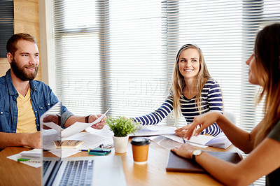 Buy stock photo Woman, group and office meeting at startup for talk, documents or review for planning at media company. People, team and happy man with project, report or collaboration for insight at creative agency