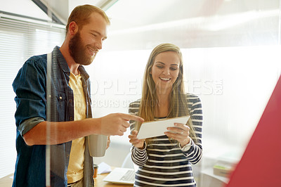 Buy stock photo Business, design and tablet with happy people in office together for creative brainstorming. App, collaboration and productivity with employee team in designer workplace for conversation or planning