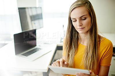 Buy stock photo Creative, woman and typing with tablet in office for research, story report and editor feedback. Journalist, digital app and review for article press release, draft update and publication information
