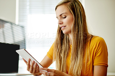 Buy stock photo Business, woman and reading on tablet in office for research, story report and editor feedback. Journalist, digital app and review for article press release, draft update and publication information