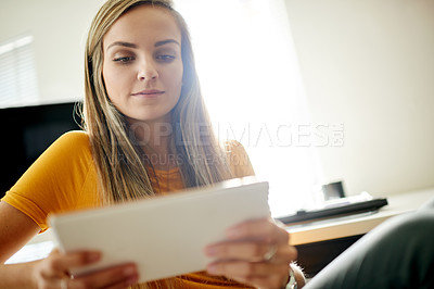 Buy stock photo Creative, woman and relax with tablet in office for research, story report and editor feedback. Journalist, digital app and review for article press release, draft update and publication information
