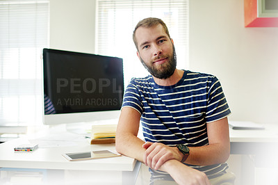 Buy stock photo Programmer, confident and portrait of man in office for software system or website update. Computer, serious designer or proud backend engineer with technology for research and company development