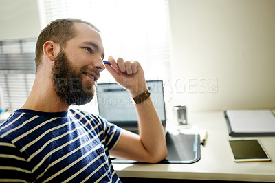 Buy stock photo Thinking, smile and research with business man in office for web designer, reflection and planning. Logo branding, brainstorming and project idea with person in creative agency for vision and insight