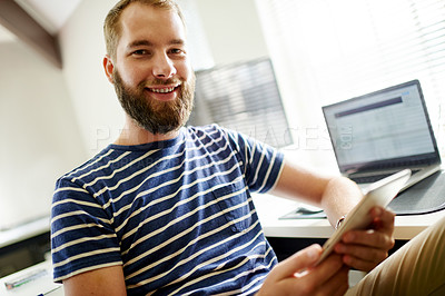 Buy stock photo Tablet, web and portrait of business man in office for journalist, research and magazine publisher. Article editor, story reporter and blog news with person in creative media agency for planning