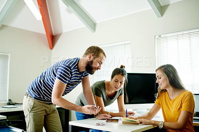 Buy stock photo Business, teamwork and people in office, brainstorming and discussion with notebook, creative and ideas. Group, employees and writers with cooperation, feedback and layout for magazine or news report