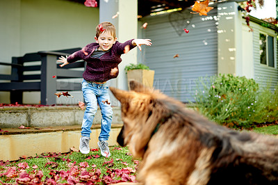Buy stock photo Boy, playing and dog in backyard for support, childhood and bonding with animal friend. Excited person, kid and pet outdoor with leaves, nature and love and game for school holiday and fun together