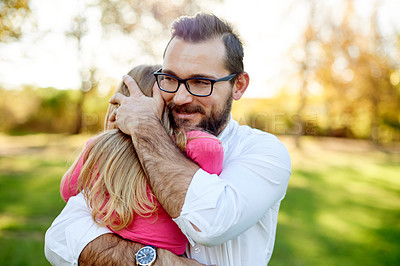 Buy stock photo Outdoor, hug and father with girl, nature and bonding together with weekend break. Family, single parent and dad in park, daughter and child with holiday, comfort and explore with embrace or smile