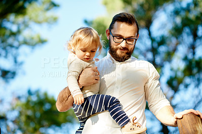 Buy stock photo Park, nature and dad with child on weekend for bonding, fresh air and fun together outdoor. Family, fatherhood and man with girl for relationship, adventure and activity at playground on holiday