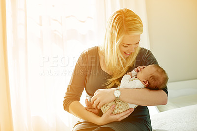 Buy stock photo Mother, baby and happy on bed in home for love, touch or bonding with play in morning. People, mom and newborn with flare, connection and affection with infant child in nursery at family house