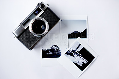 Buy stock photo Camera, photo and above for creativity in photography, multimedia or content creation with equipment. Art, commercial or catalog with tools for production, technology for image or picture with lens