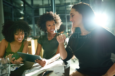 Buy stock photo Night, group and women with tablet, office or collaboration for marketing strategy or communication. Working late, colleagues and people with tech for deadline, ad campaign and flare in business