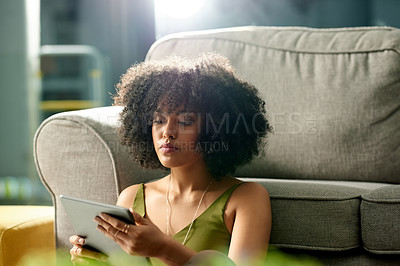 Buy stock photo Relax, tablet and search with woman in house for social media, streaming service and connection. Movie showtimes, subscription and film schedule with person in living room of home for reading and app