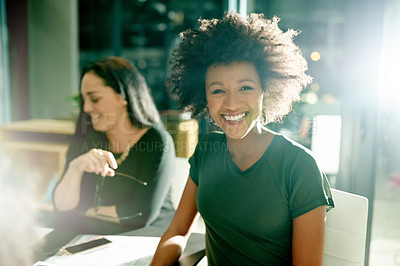 Buy stock photo Portrait, night and woman in meeting, smile and planning with copywriting, brainstorming or pride. People, evening or journalist with submission, confidence and deadline for news report and ideas