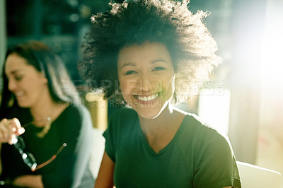 Buy stock photo Portrait, night and woman in workplace, meeting and flare with copywriting, creative project and smile. Person, evening and journalist with brainstorming, ideas and brief for news report and pride