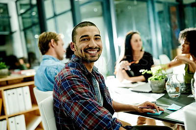 Buy stock photo Happy, business or man in office with team, meeting or confident for night collaboration. Smile, people or employee in board room with portrait, overtime planning or strategy for company project.
