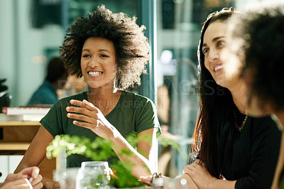 Buy stock photo Discussion, happy and team in meeting with ideas, feedback or proposal for sustainable strategy. Collaboration, business and people in office with conversation, chat or plan for environmental goals.