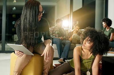 Buy stock photo Planning, tablet and team with business people in office for public relations report, night or campaign launch. Media deadline, online branding or flare with employees in marketing agency for project