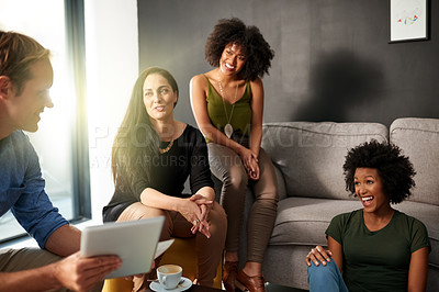 Buy stock photo Conversation, meeting and planning with business people in lounge of office for brainstorming. Collaboration, design and tablet with happy employee team on sofa in workplace for creative discussion