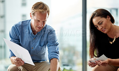 Buy stock photo Discussion, documents and business people in office with planning for creative project together. Conversation, paperwork and team of magazine editors working on article for publishing in workplace.