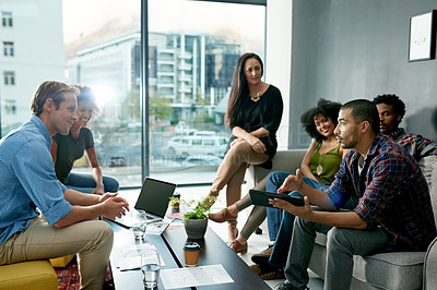 Buy stock photo Workshop, planning and discussion with business people in office for designer briefing, teamwork or project. Interior design update, creative feedback and schedule conversation with employees