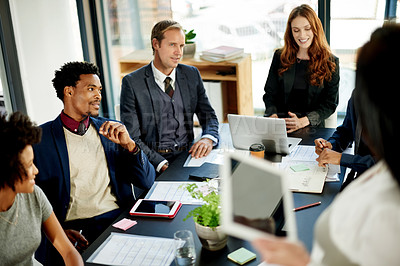 Buy stock photo Speaker, tablet and meeting with business people in office for stakeholder, project proposal and planning. Presentation, research and collaboration with group of employees in agency for profit report