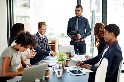 Buy stock photo Business people, meeting and planning in office with group for investment proposal or idea. Happy team, collaboration and talk in boardroom for financial project, budget and feedback with technology